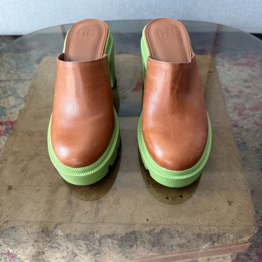 GB End Game Brown Leather Chunky Heel Clogs 7.5 - Picture 2 of 8